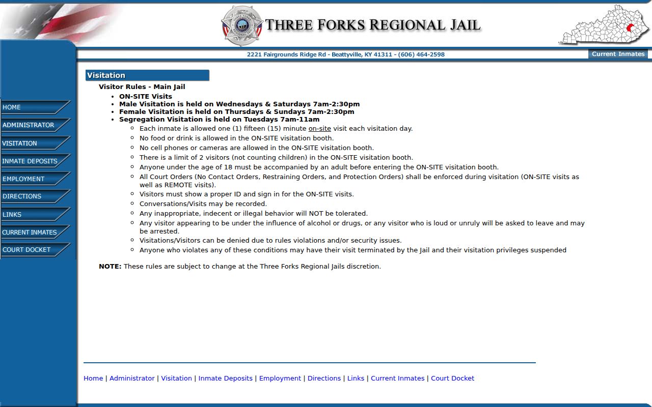 Lee County arrest history Three Forks Regional Jail official visitation rules