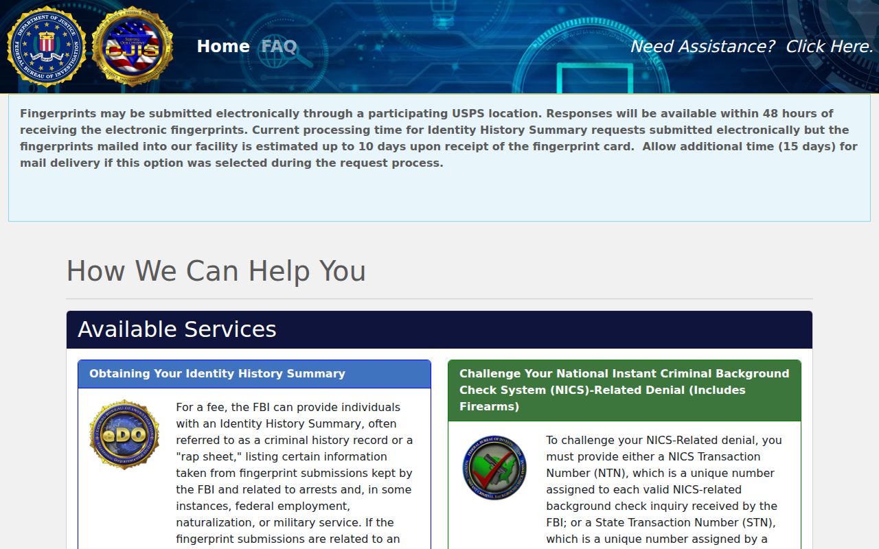 Lee County criminal history self-review through the FBI identity history service